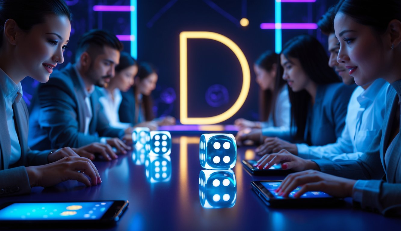 Beberapa orang bermain judi Sic Bo online dengan tampilan dadu yang sedang berputar secara real-time di layar perangkat mereka.