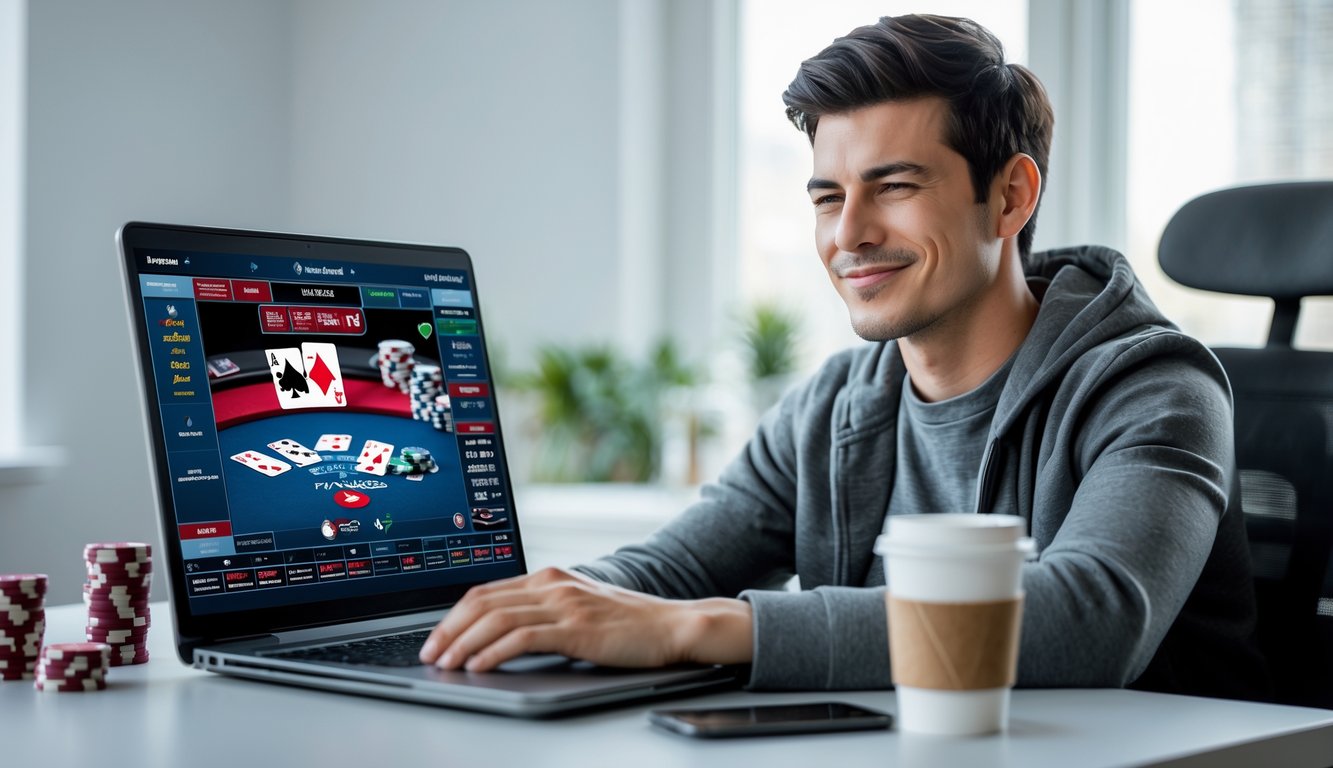 Seorang pemain poker online duduk di depan laptop dengan ekspresi percaya diri dan senyum tipis, di meja terdapat tumpukan chip poker dan secangkir kopi dalam ruangan kantor rumah yang terang.