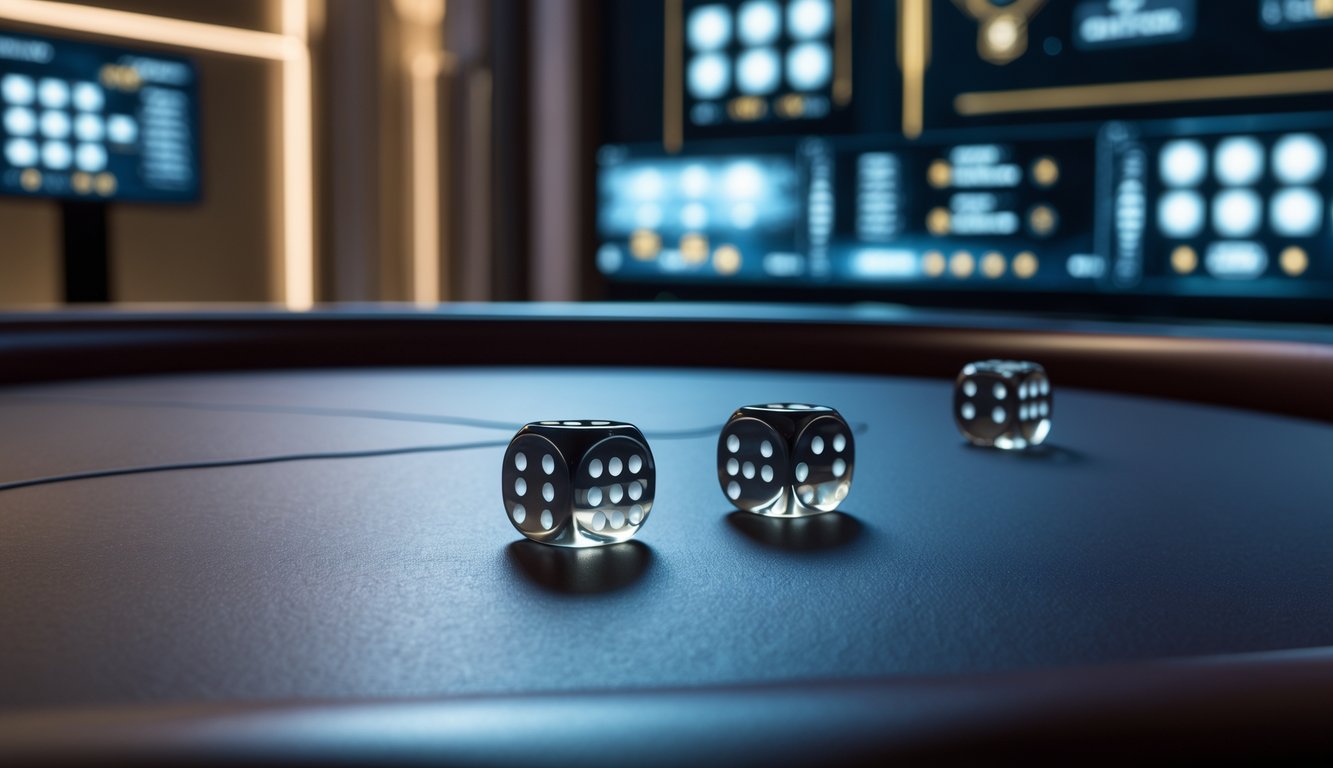 Meja permainan Sic Bo online dengan dadu transparan dan tampilan meja elegan.