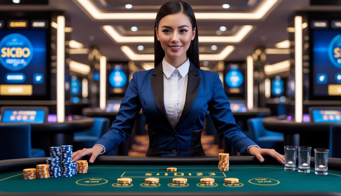 Seorang dealer profesional di meja permainan Sicbo dengan dadu dan chip di kasino mewah.