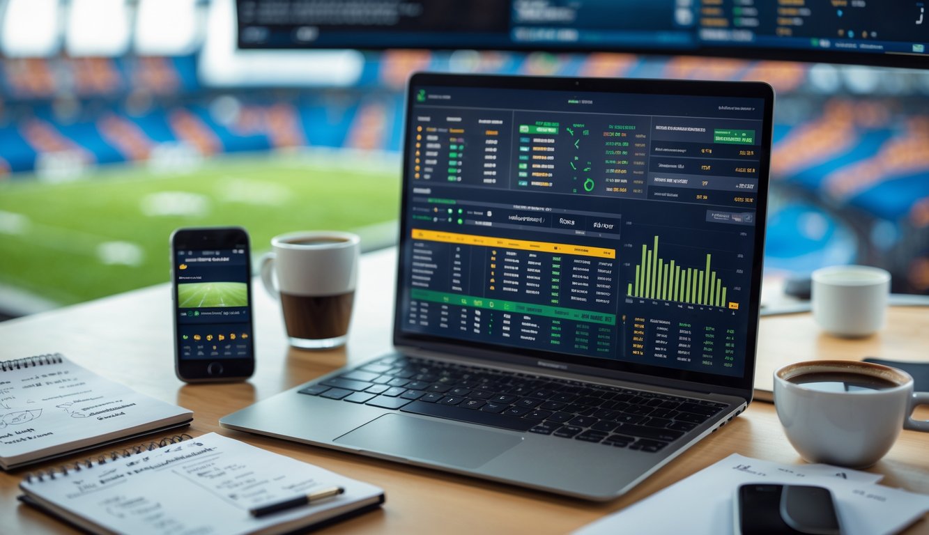 Sebuah meja kerja dengan laptop menampilkan statistik taruhan bola, ponsel yang menayangkan pertandingan sepak bola, dan catatan dengan perhitungan, di depan layar besar yang menunjukkan stadion sepak bola.