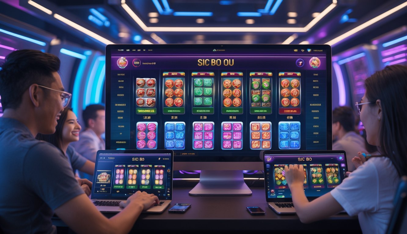 Orang-orang bermain game Sic Bo online dengan berbagai mode permainan di perangkat digital dalam suasana arena judi yang modern.