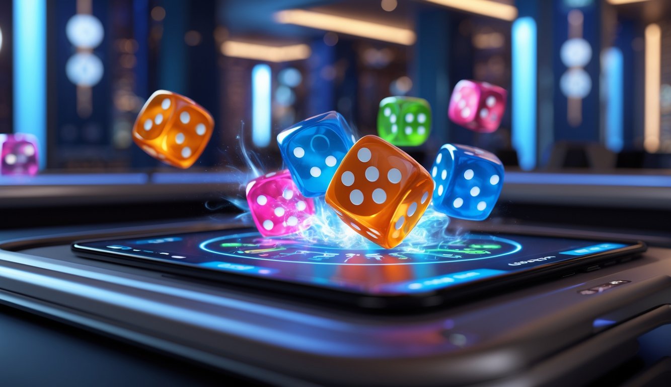 Adegan permainan Sic Bo online dengan dadu 3D yang sedang bergulir di layar perangkat digital.