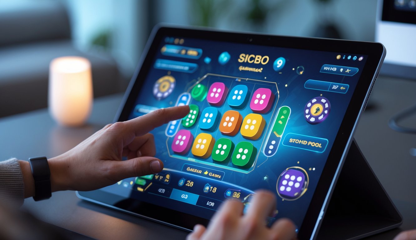 Tampilan layar komputer dengan permainan Sicbo online yang menampilkan dadu berwarna-warni dan tangan pemain yang sedang berinteraksi.