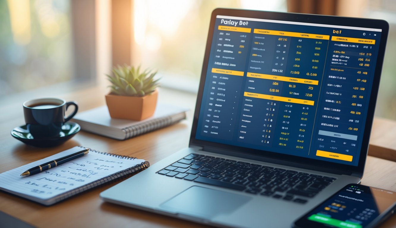 Meja kerja dengan laptop yang menampilkan perhitungan taruhan parlay, notepad dengan catatan, pena, cangkir kopi, dan ponsel dengan aplikasi taruhan olahraga.