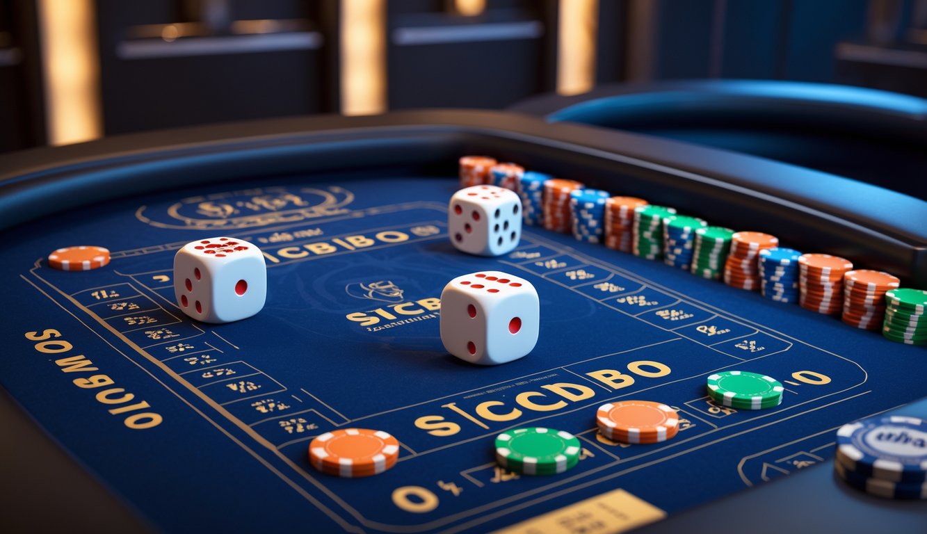 Meja judi Sicbo online dengan dadu dan chip taruhan di lingkungan kasino yang elegan.