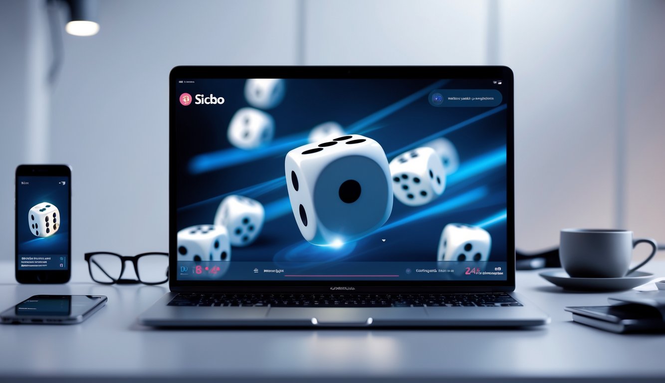 Sebuah laptop menampilkan permainan dadu Sicbo online dengan dadu yang sedang bergulir di layar.