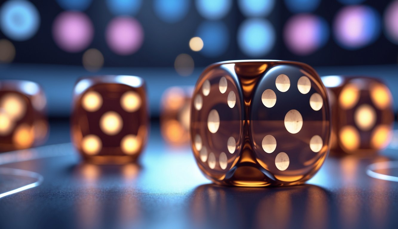 Gambar dadu berkualitas tinggi yang sedang dilempar di meja permainan Sic Bo online.