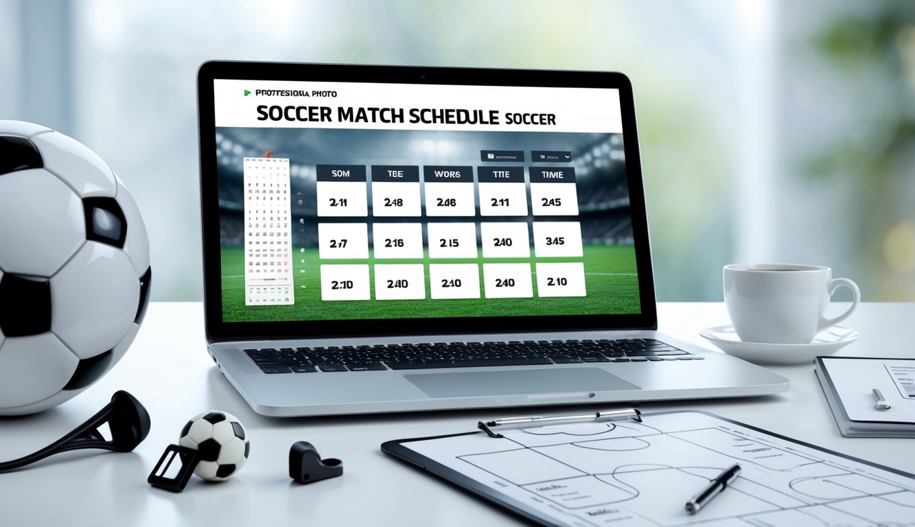 Meja kerja dengan laptop yang menampilkan jadwal pertandingan sepak bola dan beberapa perlengkapan sepak bola di sekitarnya.