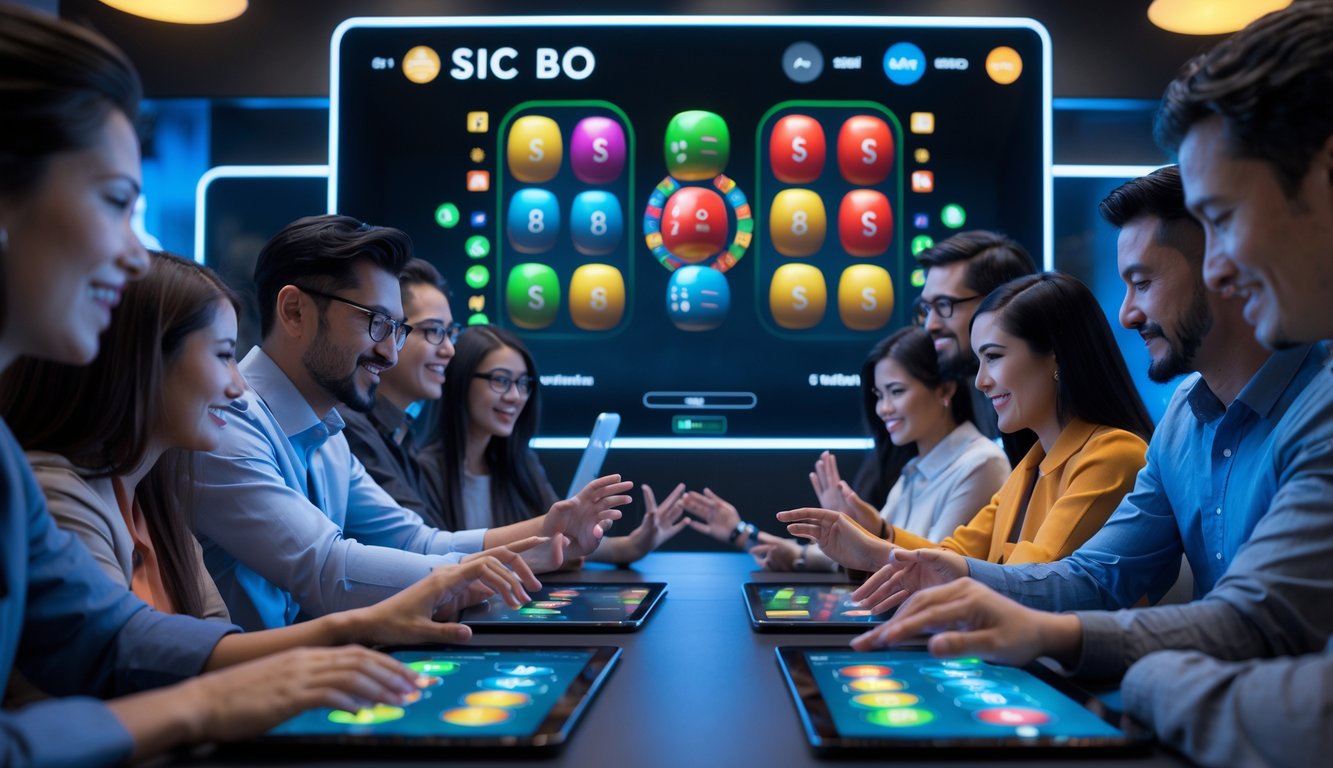 Sekelompok orang bermain permainan Sic Bo online dengan berbagai mode permainan di perangkat digital dalam ruangan modern.