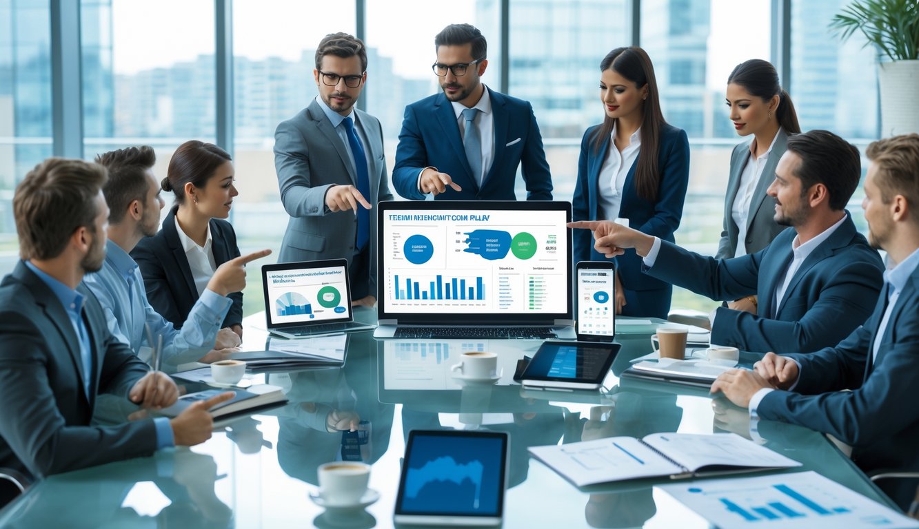 Sekelompok profesional sedang berdiskusi di ruang konferensi dengan perangkat digital yang menampilkan grafik statistik taruhan parlay.