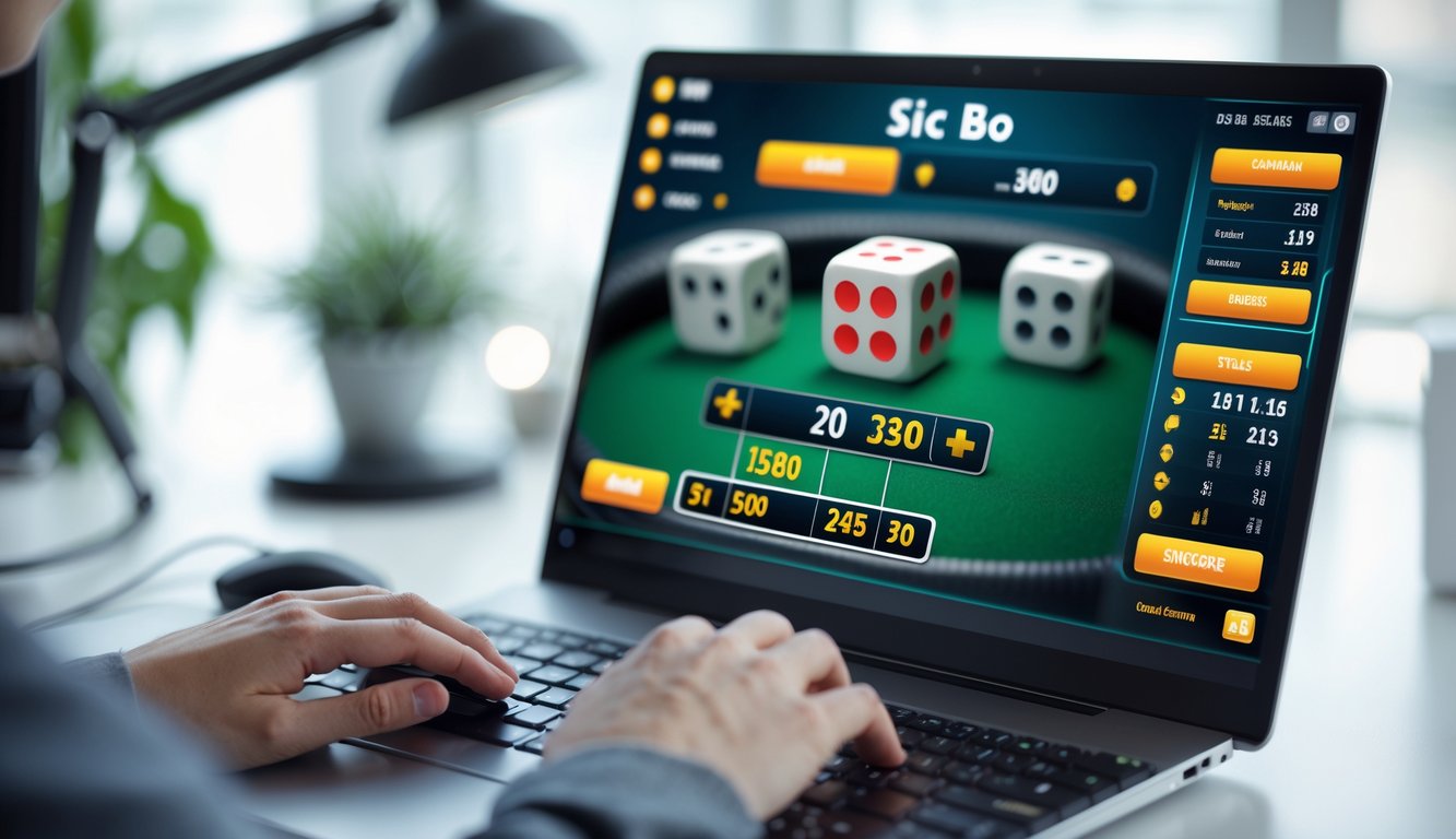 Seorang pemain menggunakan komputer untuk bermain permainan Sic Bo online dengan antarmuka permainan yang terlihat jelas di layar.
