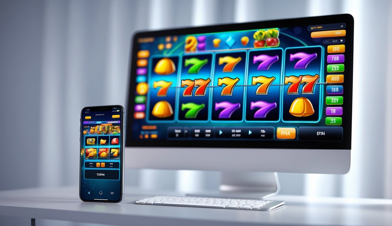 Tampilan antarmuka mesin slot online modern pada komputer dan ponsel di atas meja dengan gulungan permainan yang berputar lancar.
