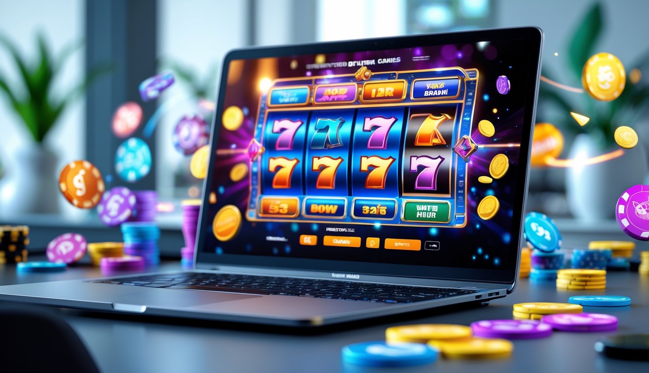 Layar komputer menampilkan permainan slot online dengan berbagai simbol permainan yang berwarna-warni di meja kerja minimalis.