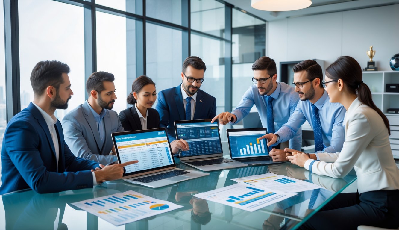 Sekelompok profesional sedang berdiskusi dan menganalisis data taruhan parlay di sebuah kantor modern.