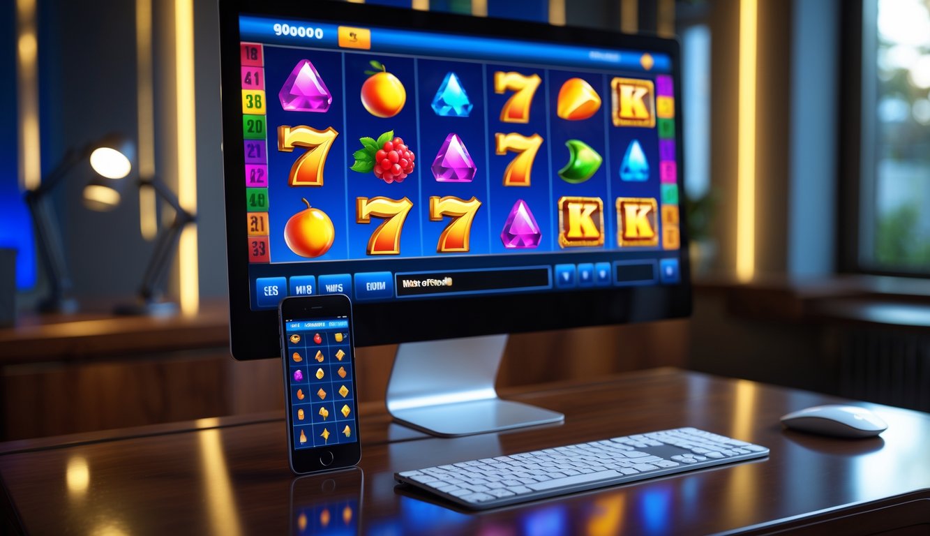 Tampilan antarmuka permainan slot online dengan grafis warna-warni pada komputer dan ponsel di atas meja kayu.