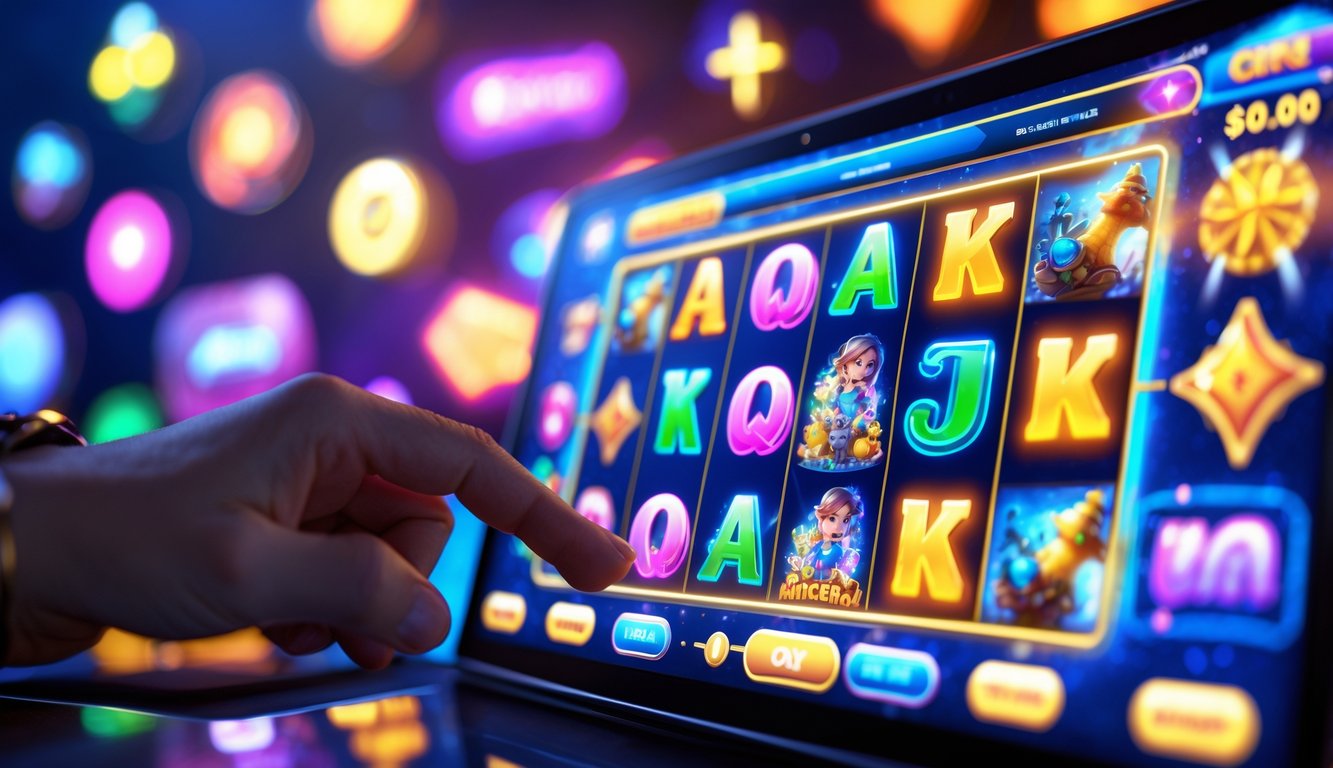 Layar komputer menampilkan permainan slot online interaktif dengan simbol warna-warni dan tangan yang akan menyentuh layar.
