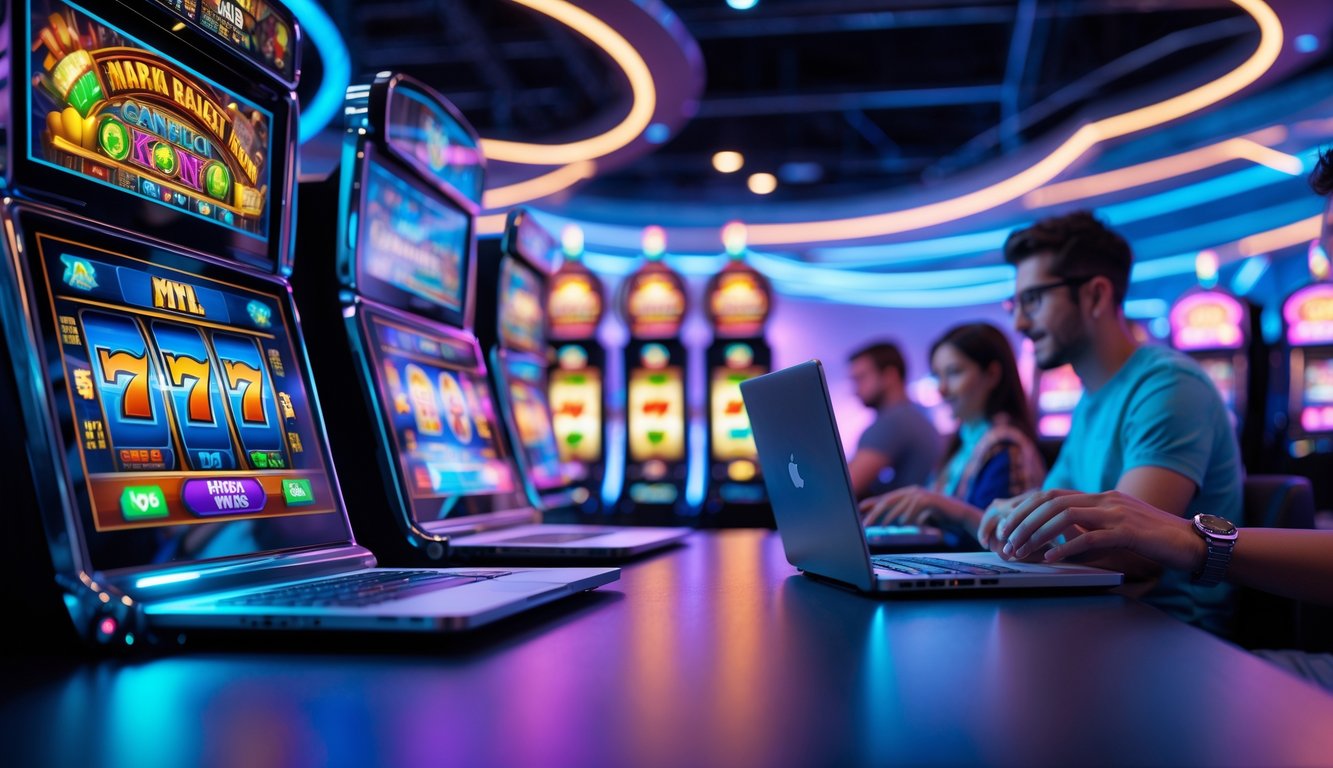 Orang-orang bermain mesin slot online dengan layar berwarna-warni dalam suasana arena permainan yang modern dan penuh semangat.