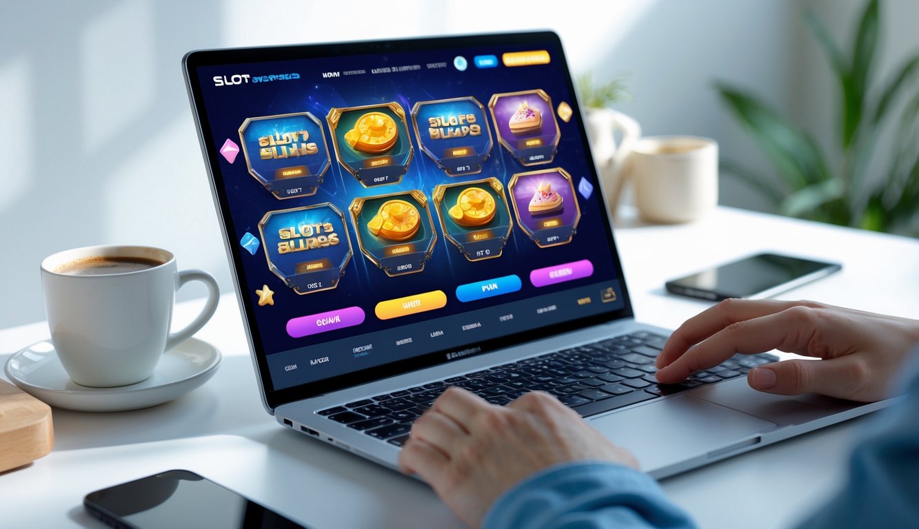 Seseorang menggunakan laptop dengan tampilan permainan slot online yang jelas dan mudah dinavigasi di ruang kerja yang terang dan rapi.