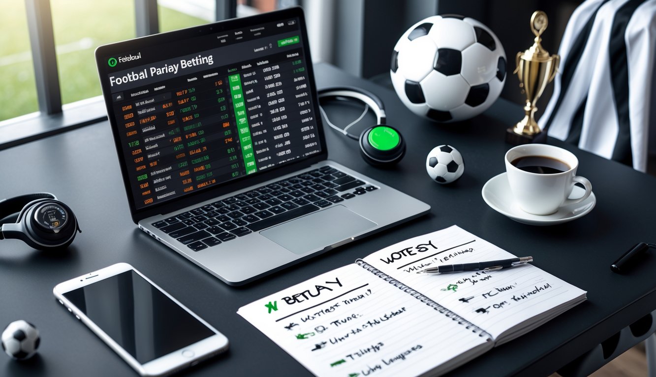 Meja kerja dengan laptop, ponsel, bola sepak bola, dan catatan strategi taruhan parlay sepak bola.