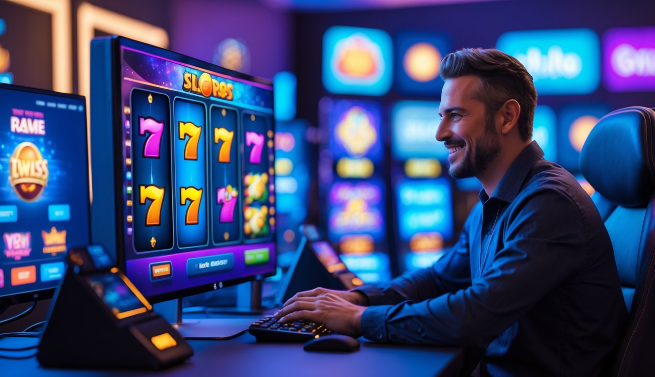 Seorang pemain dewasa sedang bermain permainan slot online dengan layar komputer yang menampilkan gulungan slot berwarna-warni di sebuah ruangan permainan yang modern dan terang.