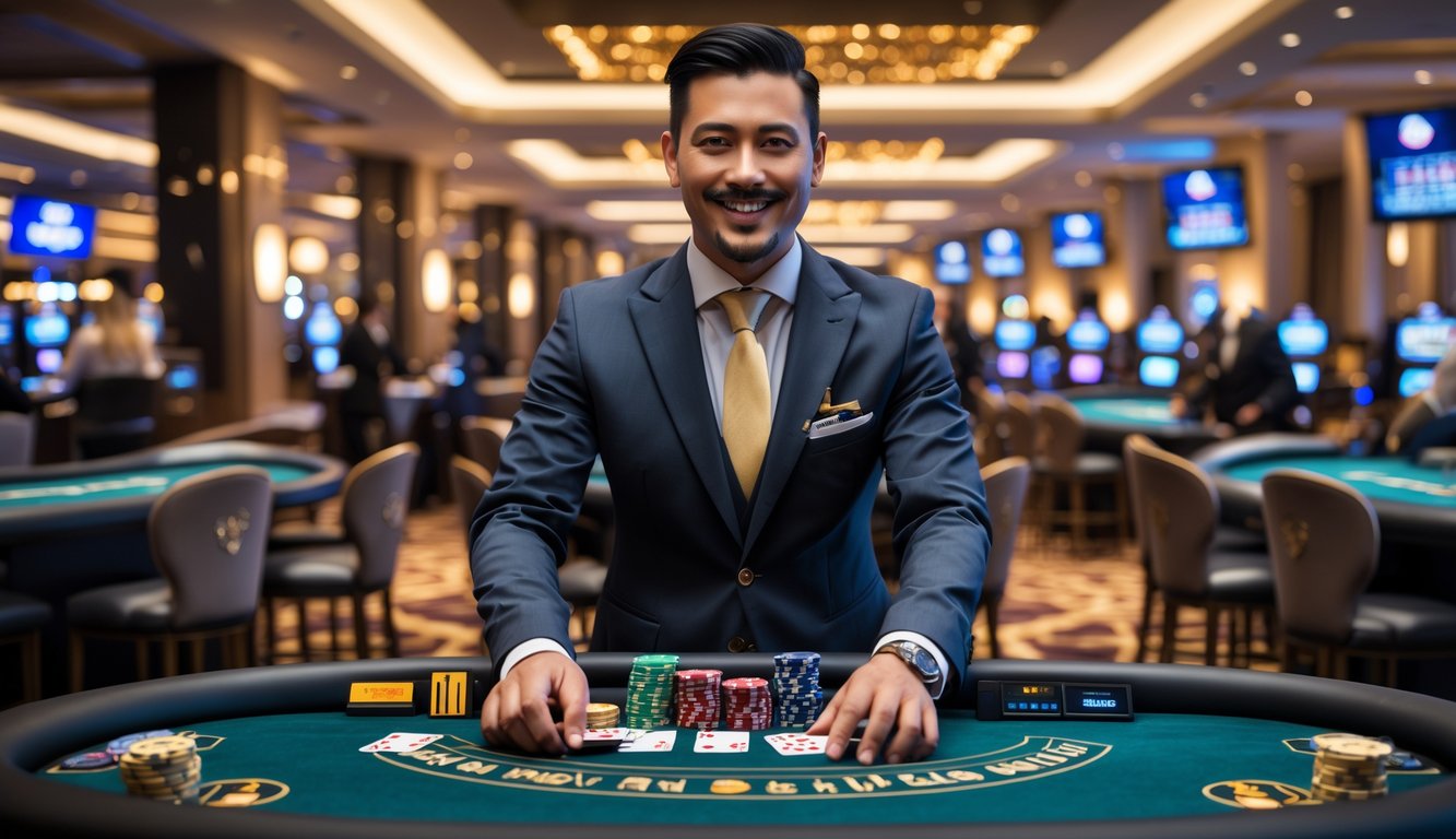 Seorang dealer profesional sedang membagikan kartu di meja kasino dengan latar belakang suasana kasino yang mewah dan pencahayaan elegan.