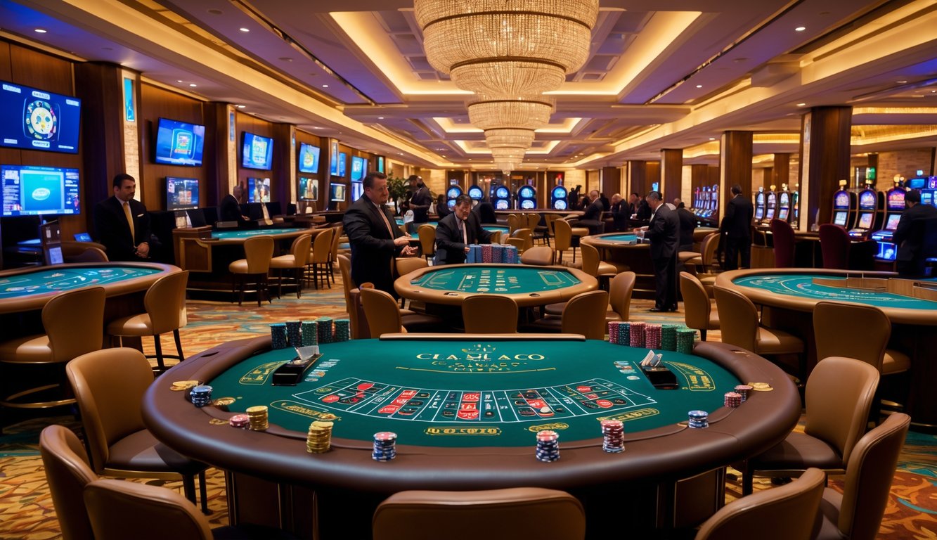 Lantai kasino dengan berbagai meja permainan kasino langsung dan dealer yang melayani pemain.