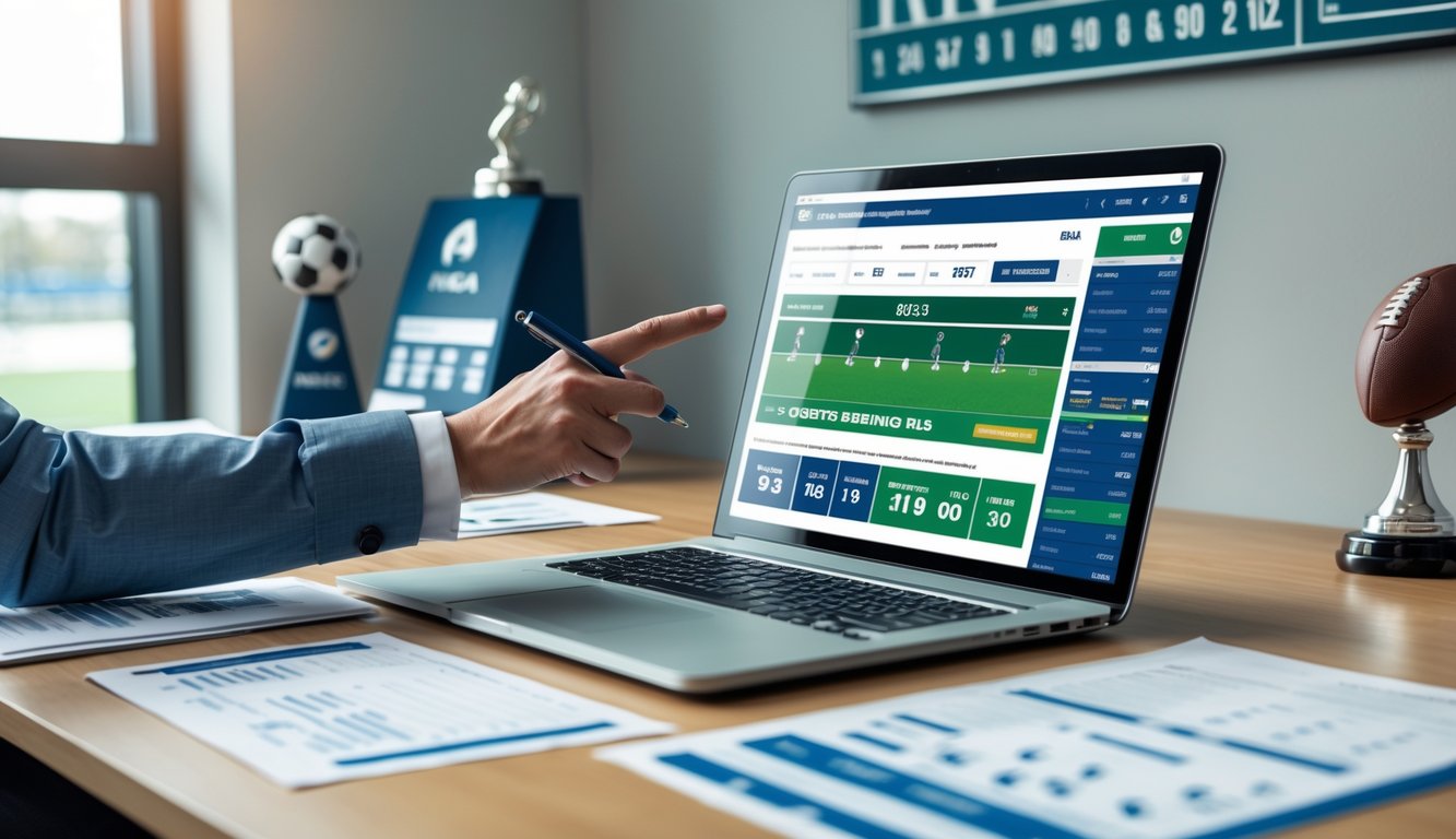 Seseorang sedang menunjukkan layar laptop dengan informasi taruhan bola di sebuah meja kerja yang rapi.