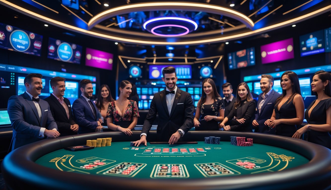 Suasana kasino modern dengan pemain dan dealer yang sedang bermain permainan kasino langsung dengan layar digital yang menampilkan streaming HD.