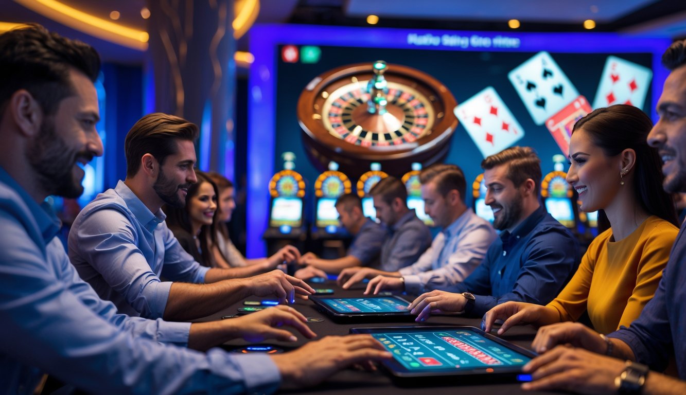 Orang-orang bermain permainan kasino langsung menggunakan perangkat digital di lingkungan kasino modern yang dinamis.