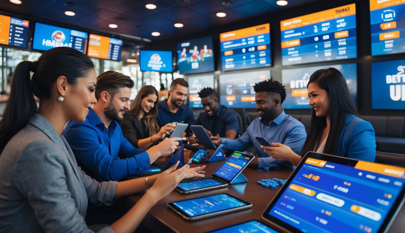 Beberapa orang sedang menggunakan perangkat digital untuk memasang taruhan olahraga di sebuah ruang taruhan yang modern dengan layar besar menampilkan pertandingan olahraga.