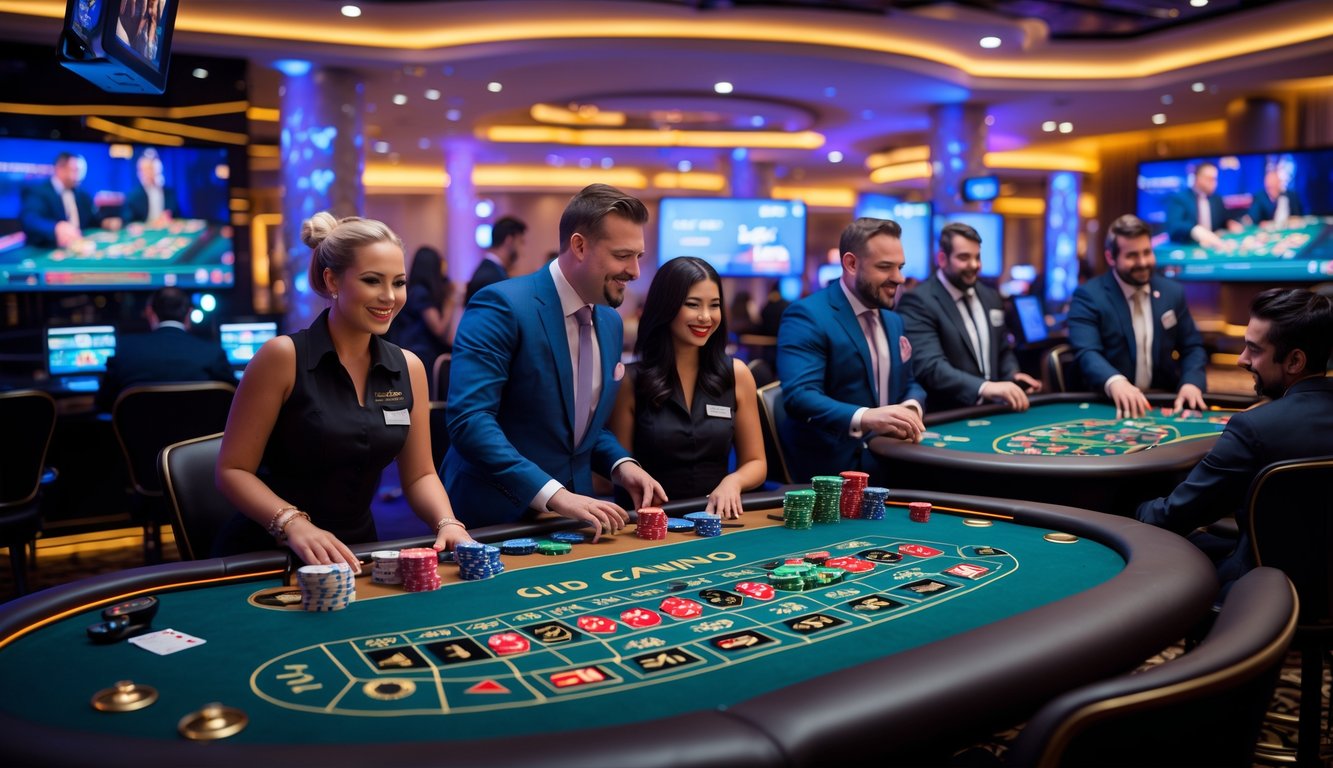 Suasana kasino langsung dengan dealer profesional dan pemain yang sedang bermain game secara real-time di meja permainan.