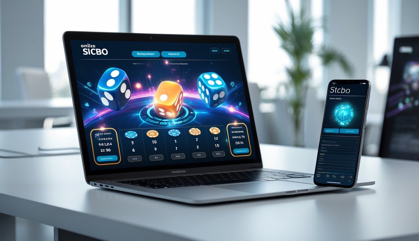Seorang pengguna mengoperasikan platform judi Sicbo online modern dengan tampilan permainan stabil di layar laptop dan ponsel.