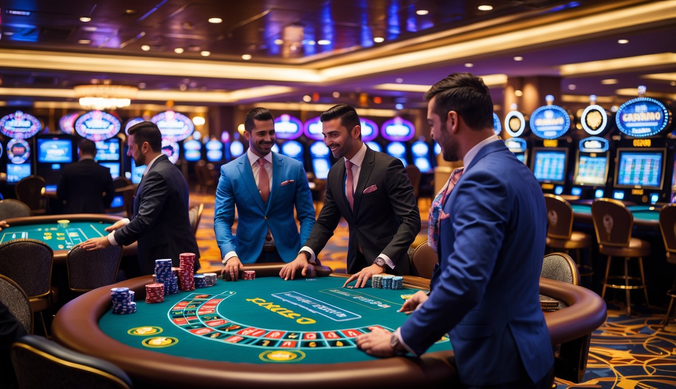 Lantai kasino dengan meja permainan langsung, dealer, dan pemain yang sedang bermain permainan populer sepanjang hari.