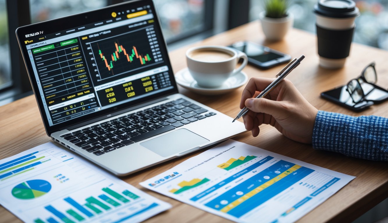 Meja kerja dengan laptop menampilkan statistik taruhan olahraga, tangan menunjuk grafik di kertas, dan perangkat lain seperti ponsel dan cangkir kopi.