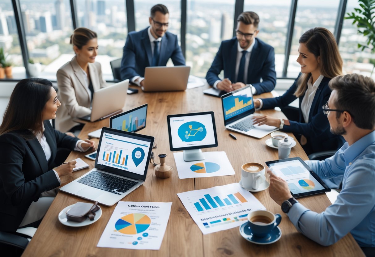 Geschäftsleute arbeiten gemeinsam an einem Tisch mit Laptops und Tablets, die lokale Keyword-Recherche und Karten zeigen.