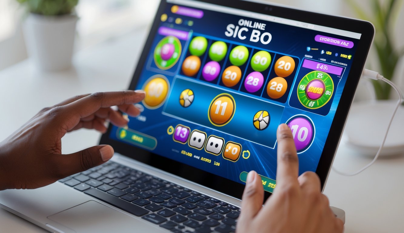 Seseorang sedang bermain permainan Sic Bo online di layar tablet dengan latar belakang ruangan yang terang dan nyaman.