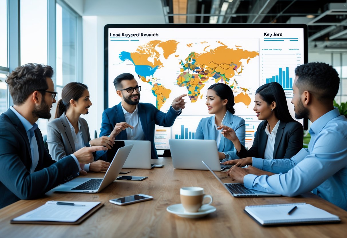 Geschäftsleute arbeiten gemeinsam an Laptops und Tablets mit Karten und Diagrammen in einem modernen Büro.