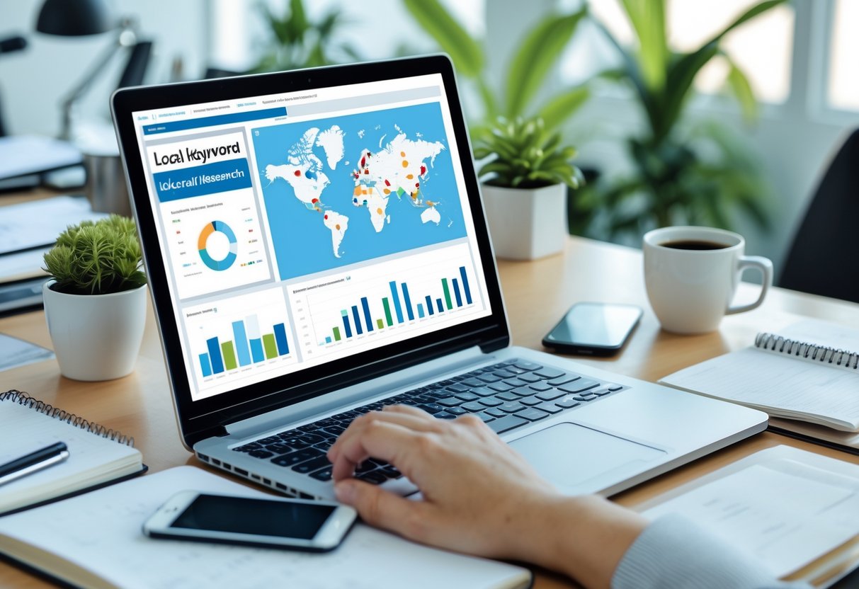 Ein moderner Arbeitsplatz mit Laptop, der eine digitale Karte mit Standortmarkierungen und Analyse-Diagrammen zeigt, umgeben von Notizbüchern, Smartphone und Kaffeetasse.