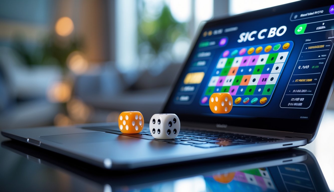 Sebuah perangkat digital menampilkan permainan Sic Bo dengan tiga dadu yang sedang bergulir di layar, di latar belakang ruangan yang terang dan rapi.