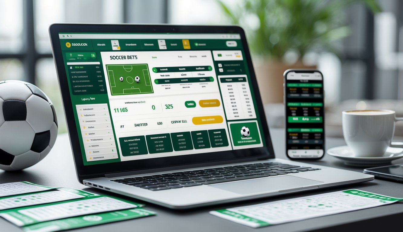 Meja dengan laptop yang menampilkan antarmuka taruhan sepak bola, bola sepak, slip taruhan, dan ponsel dengan pembaruan pertandingan langsung.