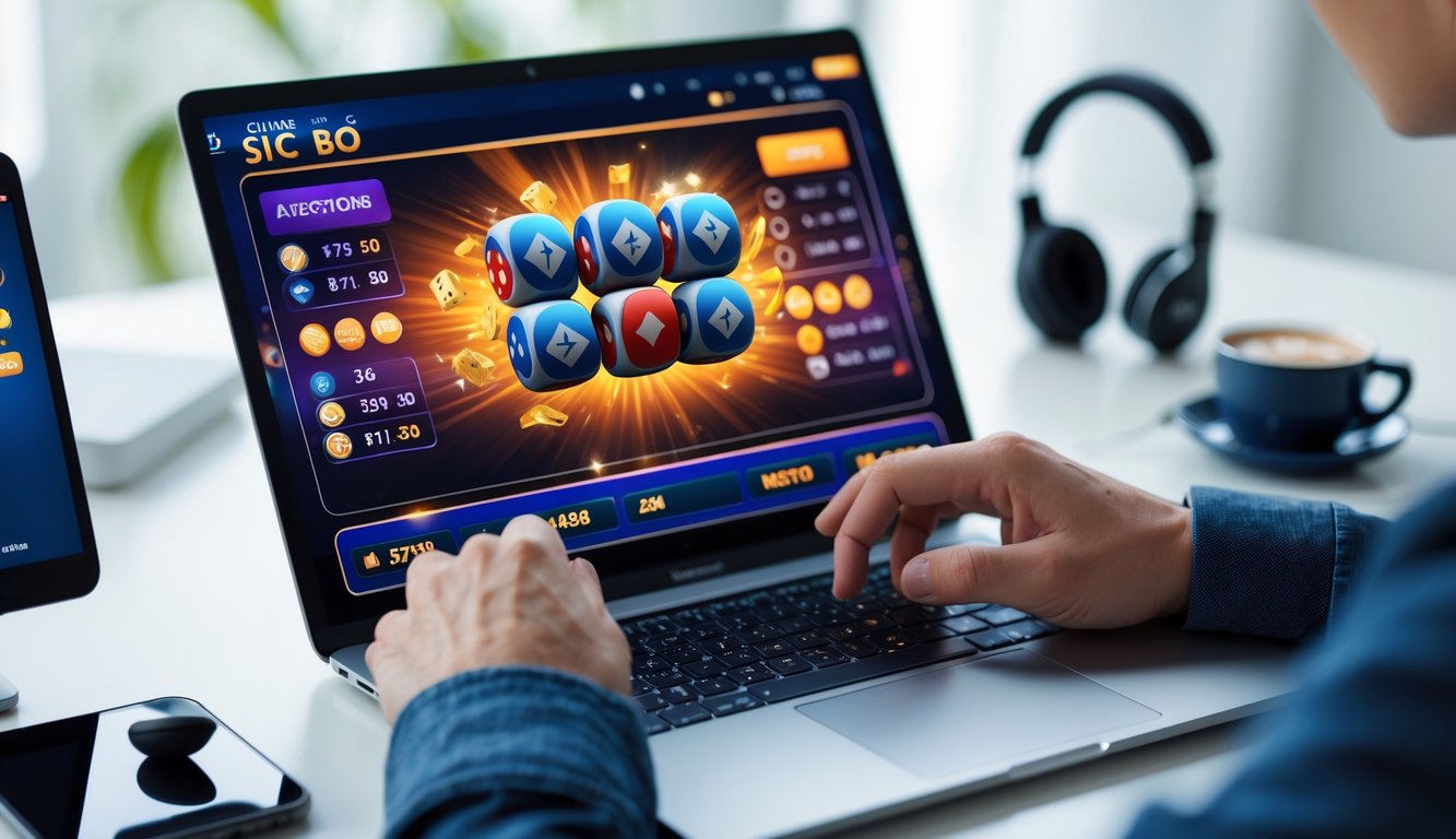Seorang pengguna sedang bermain permainan Sic Bo online di komputer dengan tampilan layar yang jelas dan suasana ruangan yang rapi dan terang.