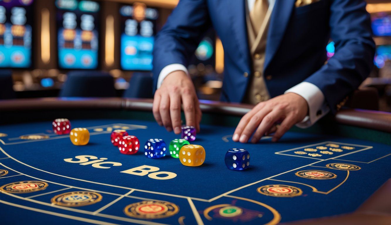 Meja judi Sic Bo dengan dadu berwarna dan tangan dealer profesional di atas meja.
