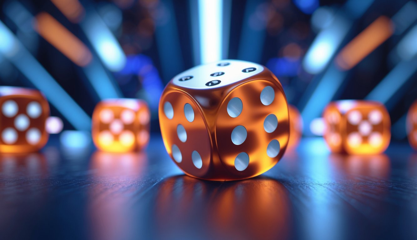 Foto close-up dadu sedang bergulir di arena judi Sic Bo online yang seru.