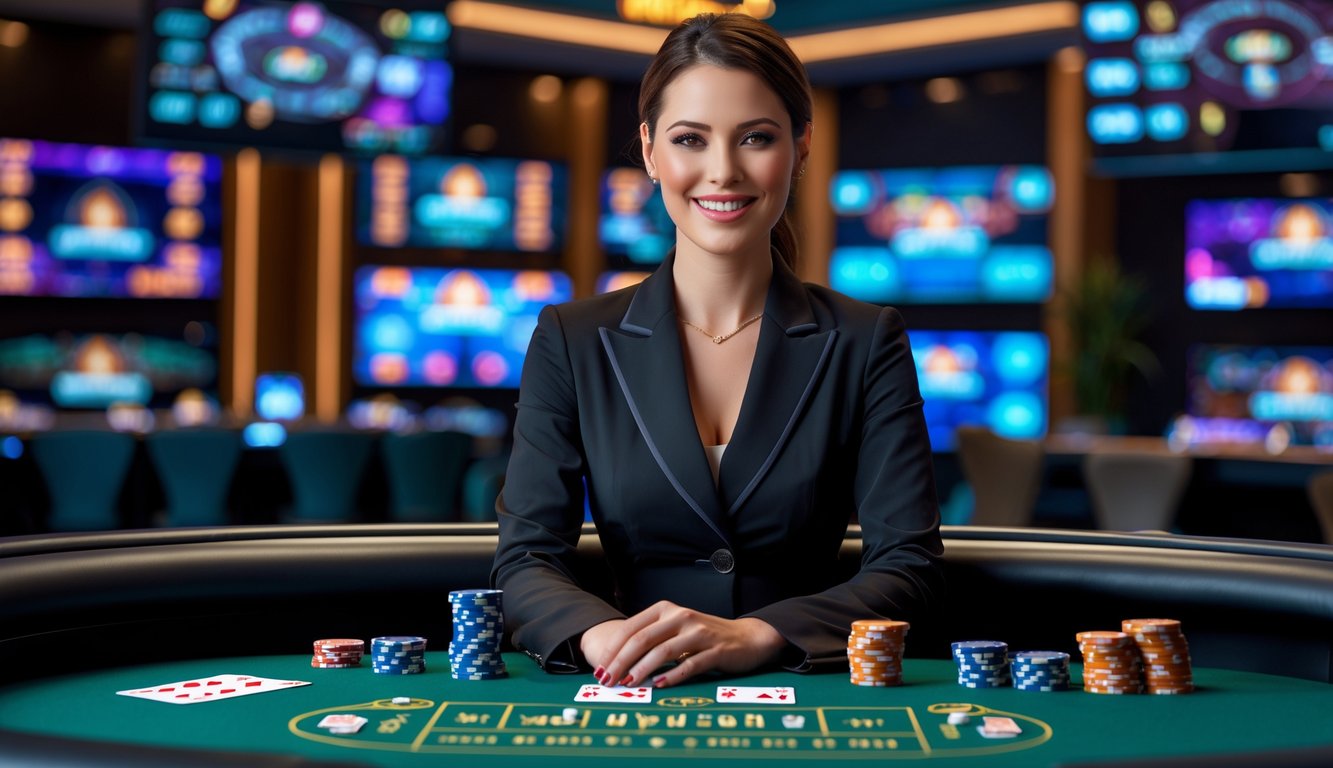 Seorang dealer wanita profesional duduk di meja poker hijau dengan kartu dan chip, di studio kasino dengan layar dan peralatan permainan di latar belakang.