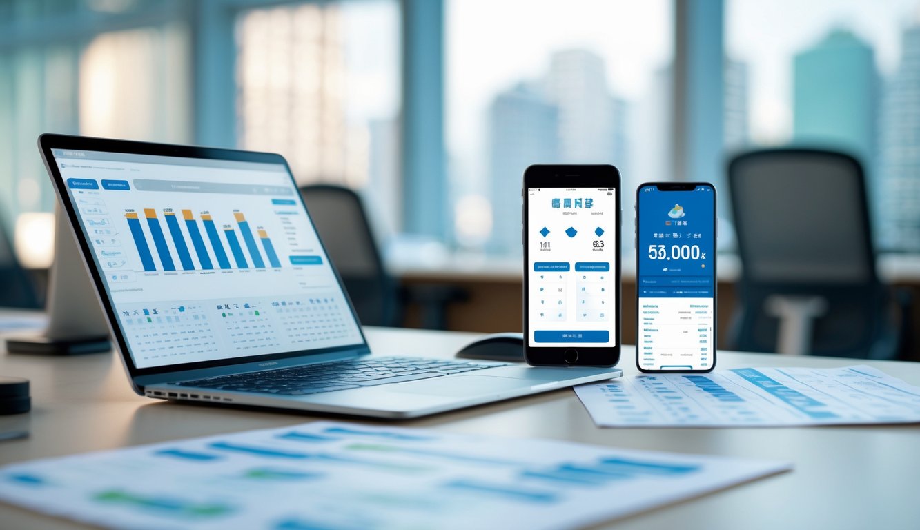 Meja kerja modern dengan laptop, ponsel, dan kertas berisi data angka, di ruang kantor dengan pencahayaan alami.