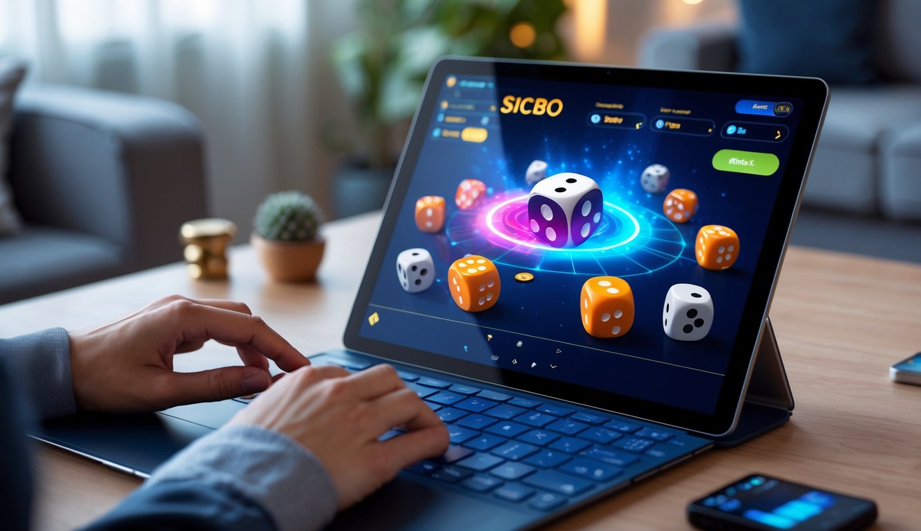 Tangan yang sedang berinteraksi dengan perangkat digital menampilkan permainan Sicbo dengan dadu berwarna-warni dalam suasana rumah yang nyaman.