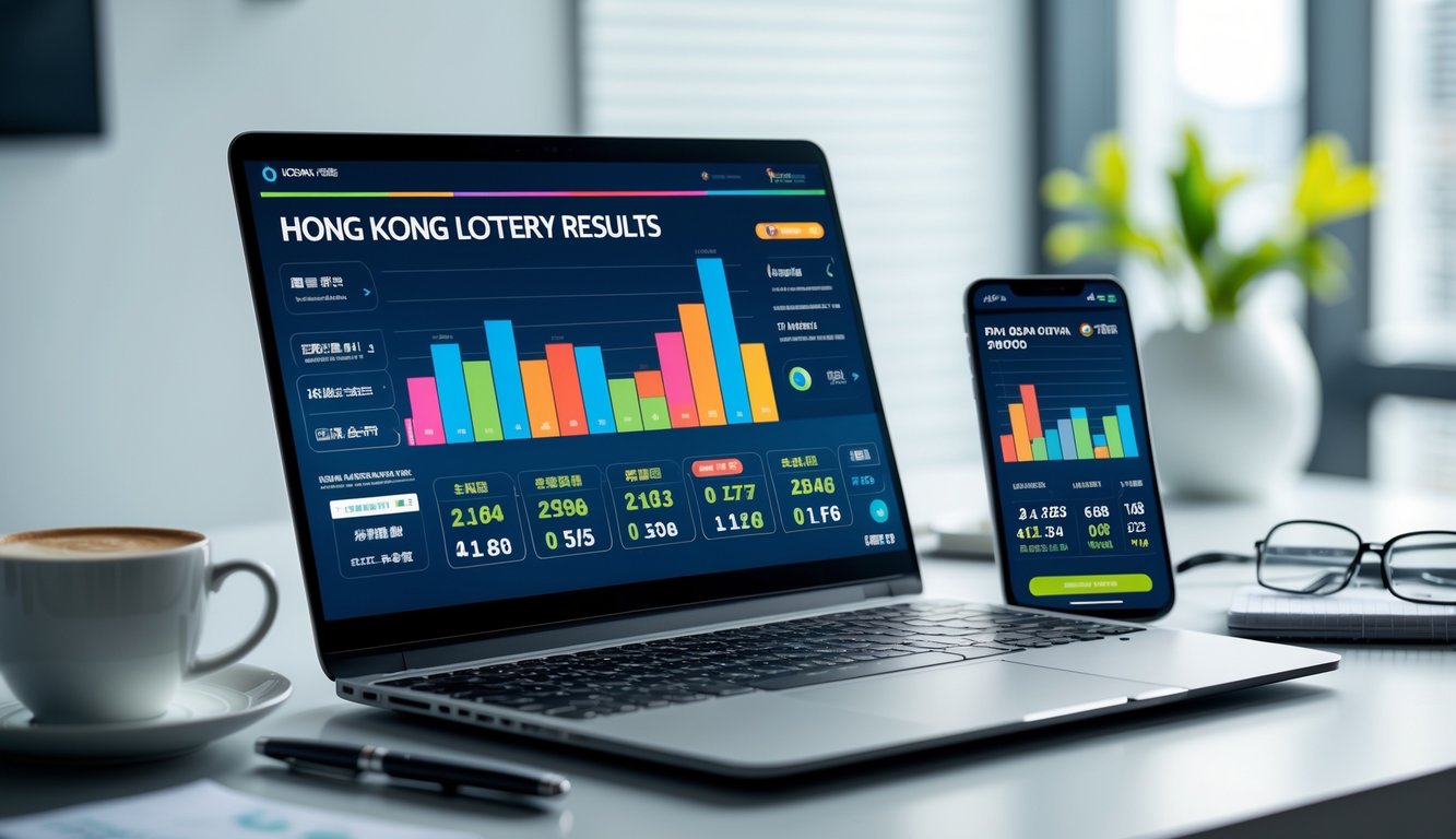Sebuah ruang kerja modern dengan laptop dan ponsel yang menampilkan grafik hasil togel Hongkong, di meja terdapat kopi, kacamata, dan buku catatan.