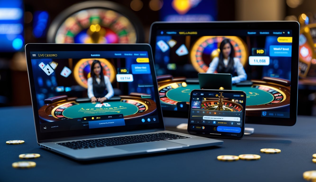 Tampilan beberapa perangkat digital yang menampilkan dealer langsung di kasino online dengan kualitas streaming HD yang sangat stabil.