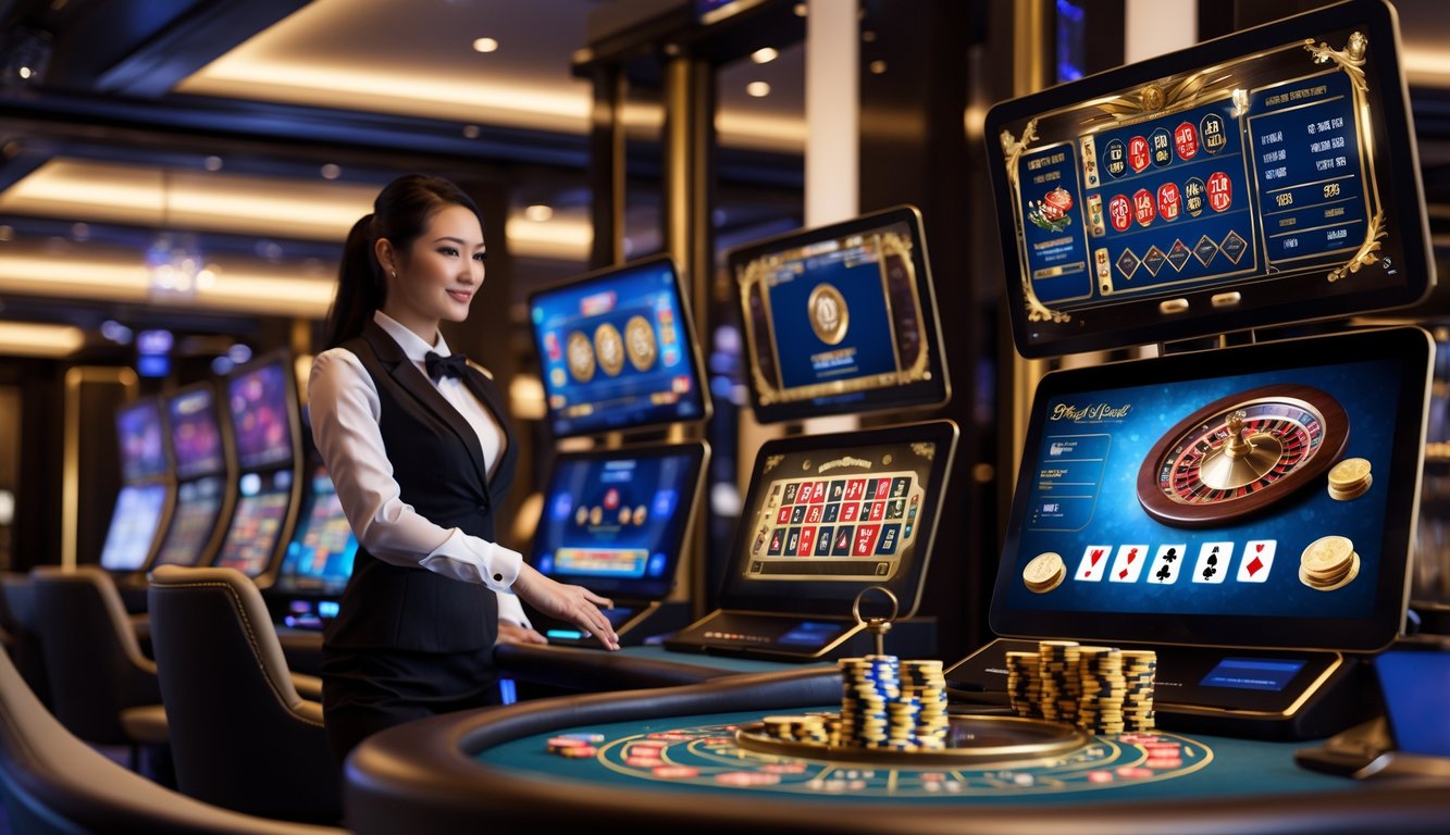 Suasana arena kasino online langsung dengan dealer profesional dan layar permainan berkualitas tinggi.